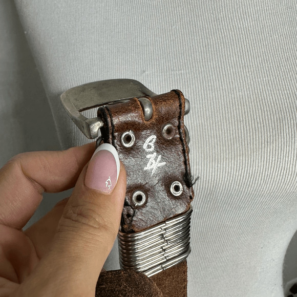 vtg SEVEN ROADS STATES Iowa Concho biker belt brown leather western mens 32 - Picture 2 of 9